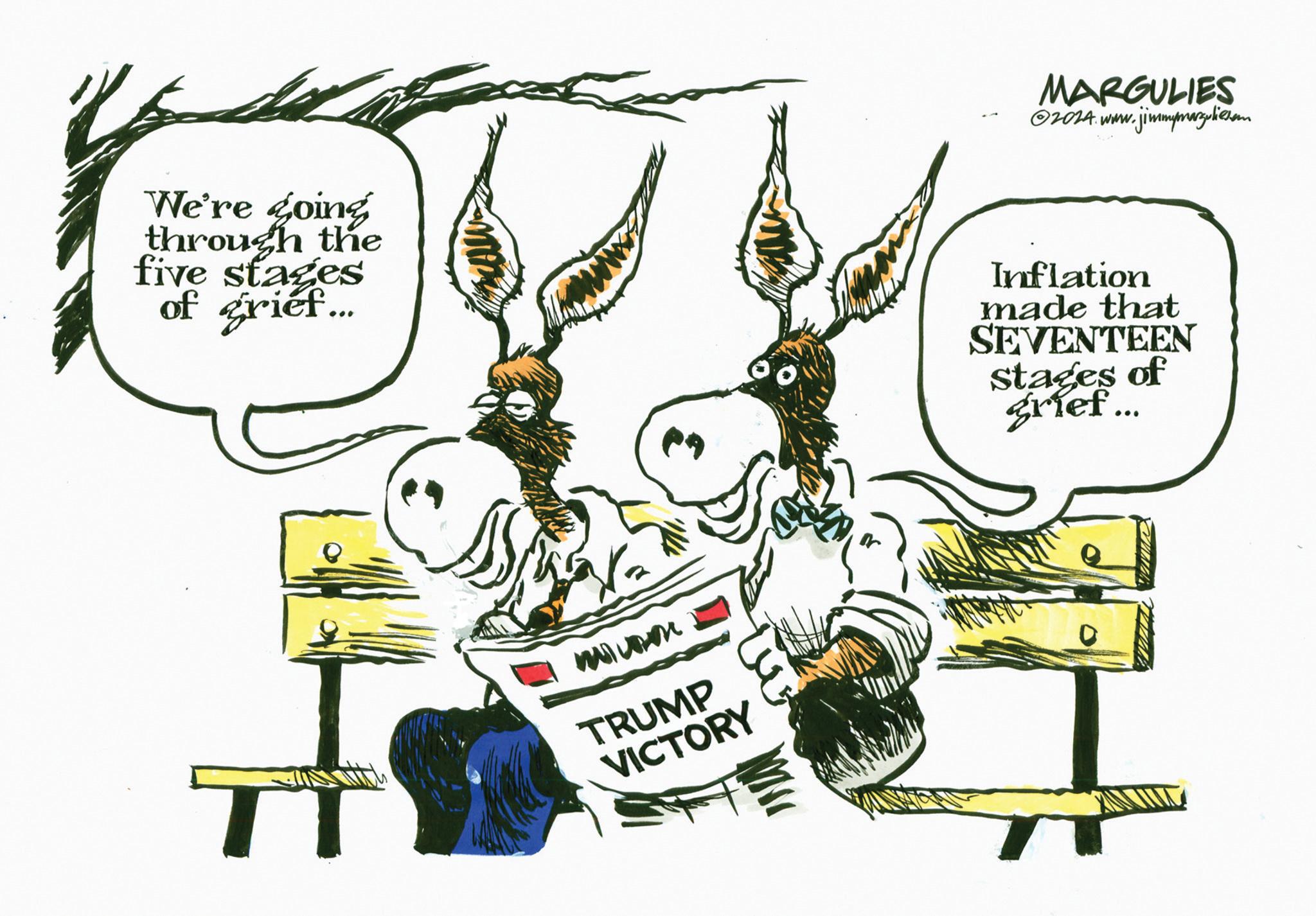 Diagram OCR: MARGULIES 02024.www.jimmywgliom We're going through the five stages of grief... Inflation made that SEVENTEEN stages of grief... musun TRUMP VICTORY MARGULIES 02024.www.jimmywgliom We're going through the five stages of grief ... Inflation made that SEVENTEEN stages of grief ... musun TRUMP VICTORY