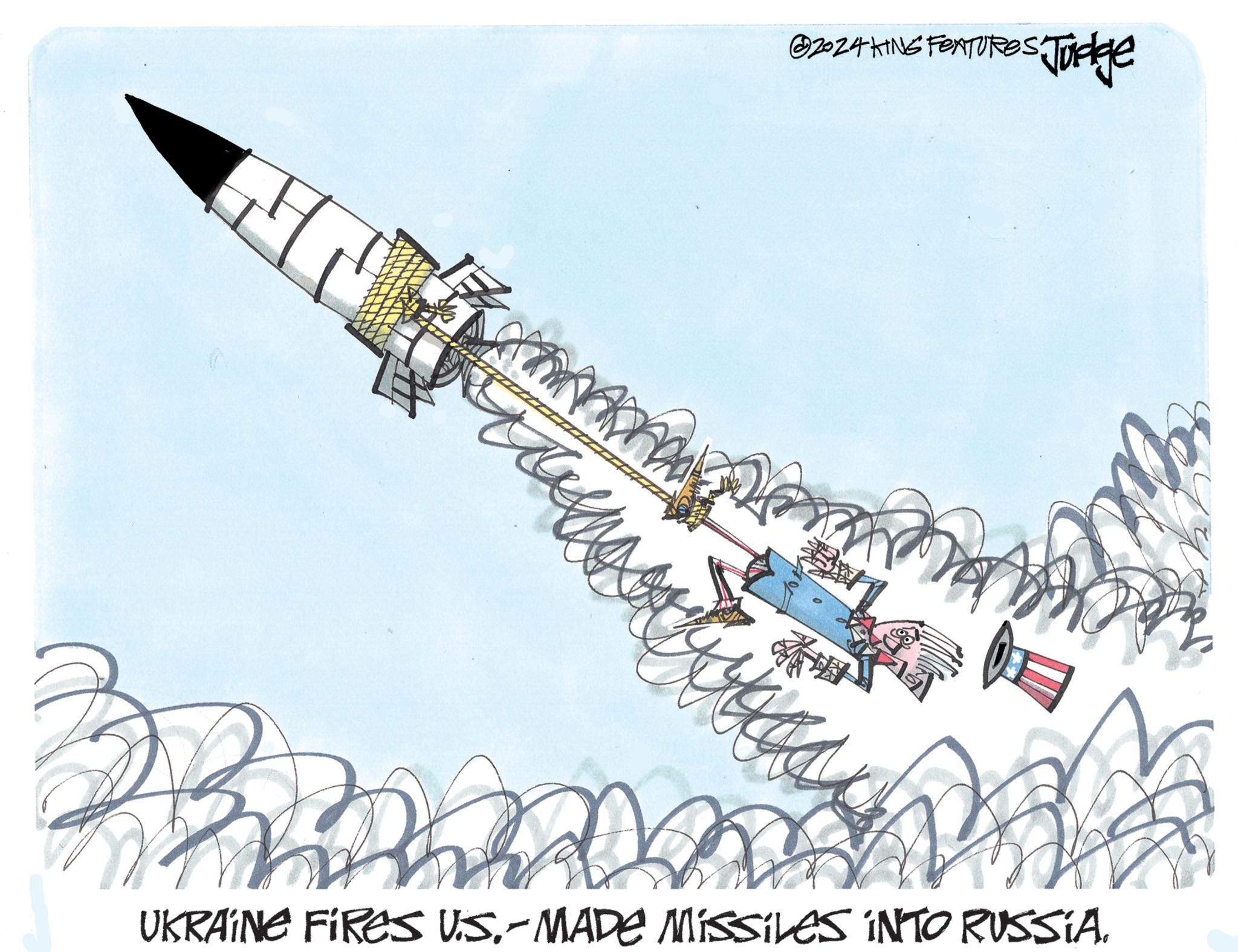 Painting OCR: @2024 KING FEATURES Judge UKRAINE FIRES U.S.-MADE MISSILES INTO RUSSIA. @ 2024 KING FEATURES Judge UKRAINE FIRES U.S. - MADE MISSILES INTO RUSSIA .