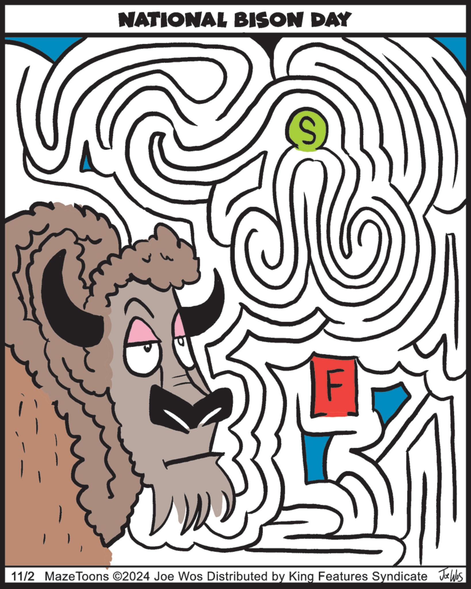 Visual arts OCR: NATIONAL BISON DAY S 11/2 MazeToons ©2024 Joe Wos Distributed by King Features Syndicate Joe Was NATIONAL BISON DAY S 11/2 MazeToons © 2024 Joe Wos Distributed by King Features Syndicate Joe Was