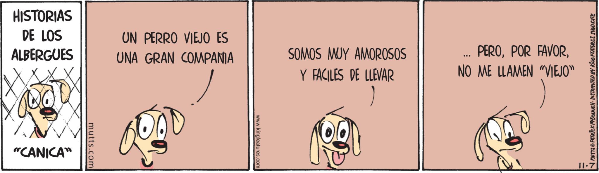 Drawing OCR: HISTORIAS DE LOS ALBERGUES UN PERRO VIEJO ES UNA GRAN COMPANIA "CANICA" mutts.com 00 www.kingfeatures.com SOMOS MUY AMOROSOS Y FACILES DE LLEVAR PERONO ME LLAMEN "VIEJO" MUTYS PATRICK MYDOUNE DISTRIBUTED BY KING FEATURES SYNDICATE 11.7 HISTORIAS DE LOS ALBERGUES UN PERRO VIEJO ES UNA GRAN COMPANIA " CANICA " mutts.com 00 www.kingfeatures.com SOMOS MUY AMOROSOS Y FACILES DE LLEVAR PEROPOR FAVORNO ME LLAMEN " VIEJO " MUTYS PATRICK MYDOUNE DISTRIBUTED BY KING FEATURES SYNDICATE 11.7