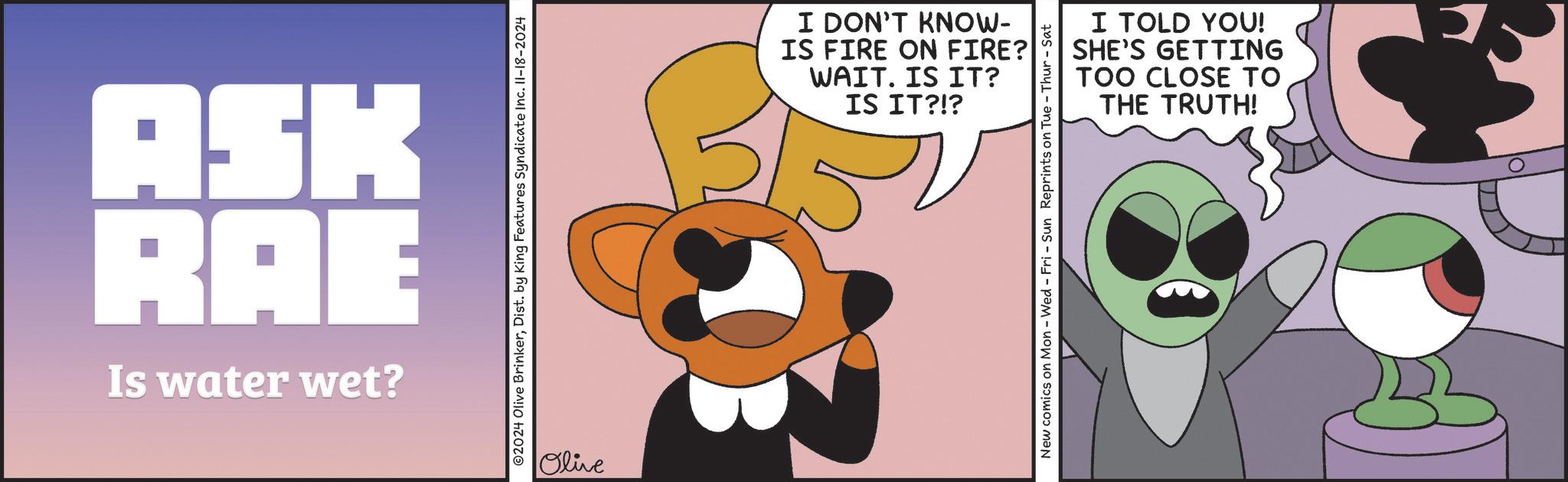 Illustration OCR: ASK RAE Is water wet? 2024 Olive BrinkerDist. by King Features Syndicate Inc. 11-18-2024 Olive I DON'T KNOW- IS FIRE ON FIRE? WAIT. IS IT? IS IT?!? I TOLD YOU! SHE'S GETTING TOO CLOSE TO THE TRUTH! New comics on Mon - Wed - Fri - Sun Reprints on Tue-Thur - Sat ASK RAE Is water wet ? 2024 Olive BrinkerDist . by King Features Syndicate Inc. 11-18-2024 Olive I DON'T KNOW- IS FIRE ON FIRE ? WAIT . IS IT ? IS IT ? ! ? I TOLD YOU ! SHE'S GETTING TOO CLOSE TO THE TRUTH ! New comics on Mon - Wed - Fri - Sun Reprints on Tue - Thur - Sat