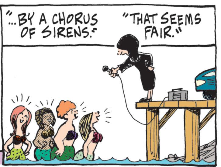 Illustration OCR: BY A CHORUS OF SIRENS "THAT SEEMS FAIR. BY A CHORUS OF SIRENS " THAT SEEMS FAIR .