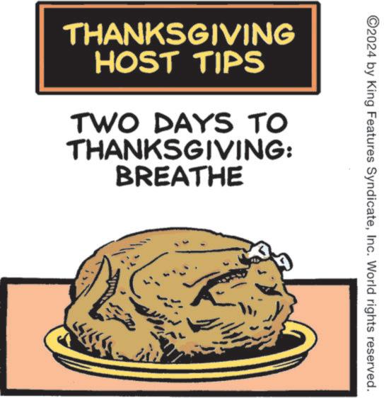 Poster OCR: ©2024 by King Features SyndicateInc. World rights reserved. THANKSGIVING HOST TIPS TWO DAYS TO THANKSGIVING: BREATHE © 2024 by King Features SyndicateInc. World rights reserved . THANKSGIVING HOST TIPS TWO DAYS TO THANKSGIVING : BREATHE