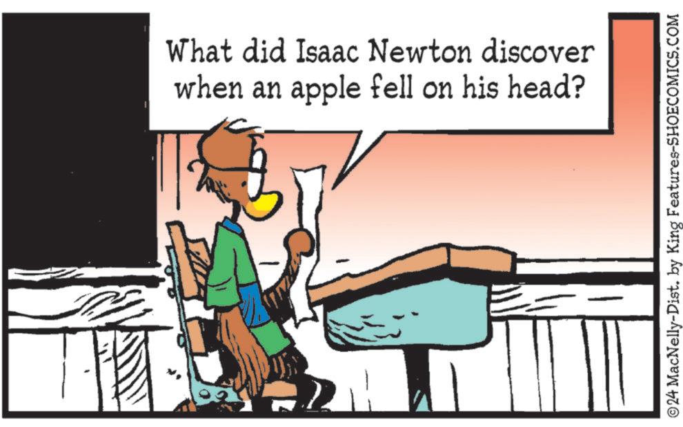 Rectangle OCR: What did Isaac Newton discover when an apple fell on his head? ©24 MacNelly-Dist. by King Features-SHOECOMICS.COM What did Isaac Newton discover when an apple fell on his head ? © 24 MacNelly - Dist . by King Features-SHOECOMICS.COM
