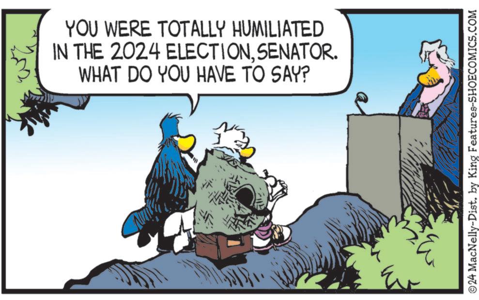 Art OCR: YOU WERE TOTALLY HUMILIATED IN THE 2024 ELECTIONSENATOR. WHAT DO YOU HAVE TO SAY? ©24 MacNelly-Dist. by King Features-SHOECOMICS.COM YOU WERE TOTALLY HUMILIATED IN THE 2024 ELECTIONSENATOR . WHAT DO YOU HAVE TO SAY ? © 24 MacNelly - Dist . by King Features-SHOECOMICS.COM