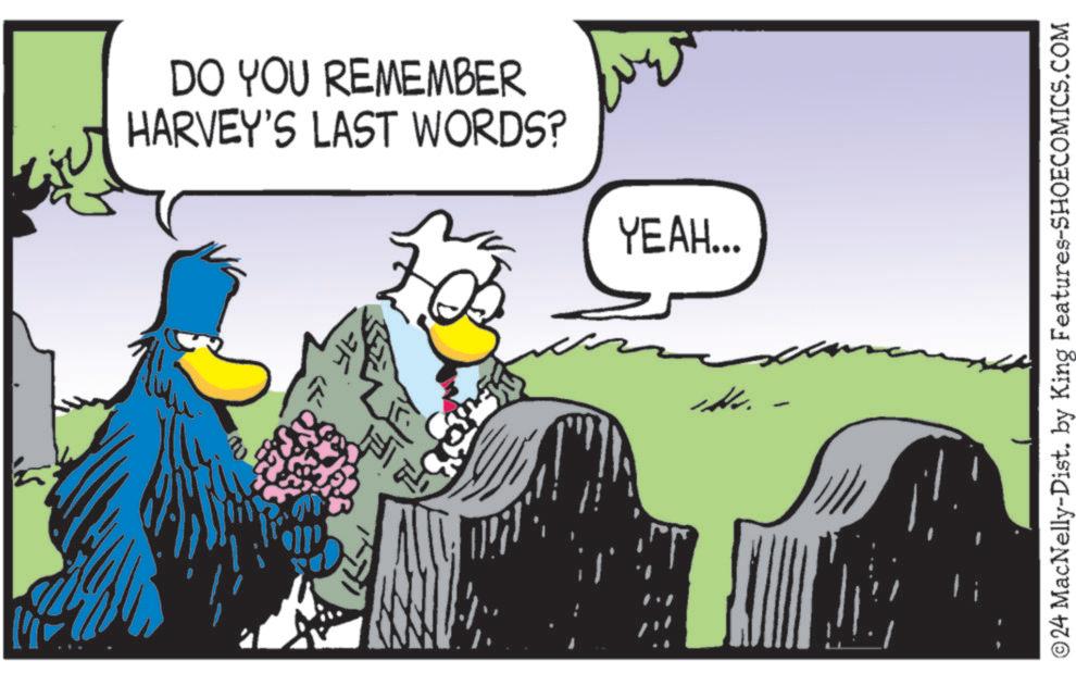 Art OCR: F DO YOU REMEMBER HARVEY'S LAST WORDS? YEAH... ? Mr. ©24 MacNelly-Dist. by King Features-SHOECOMICS.COM F DO YOU REMEMBER HARVEY'S LAST WORDS ? YEAH ... ? Mr. © 24 MacNelly - Dist . by King Features-SHOECOMICS.COM