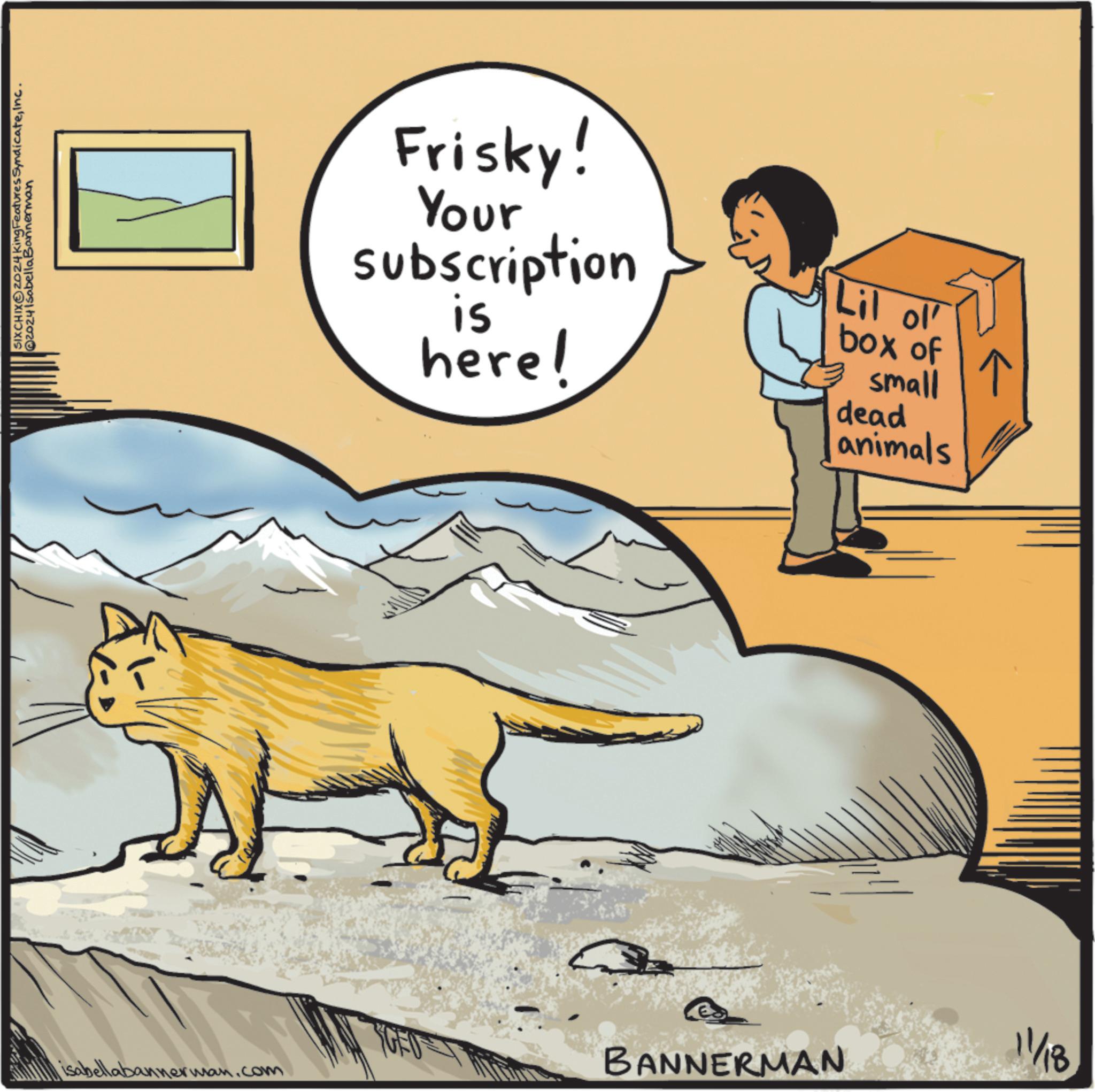 Sharing OCR: SIXCHIX 2024 King Features SyndicateInc. @2024 Isabella Bannerman Frisky! Your subscription Lil ol box of small is here! dead animals GEO BANNERMAN isabellabannerman.com 11/18 SIXCHIX 2024 King Features SyndicateInc. @ 2024 Isabella Bannerman Frisky ! Your subscription Lil ol box of small is here ! dead animals GEO BANNERMAN isabellabannerman.com 11/18