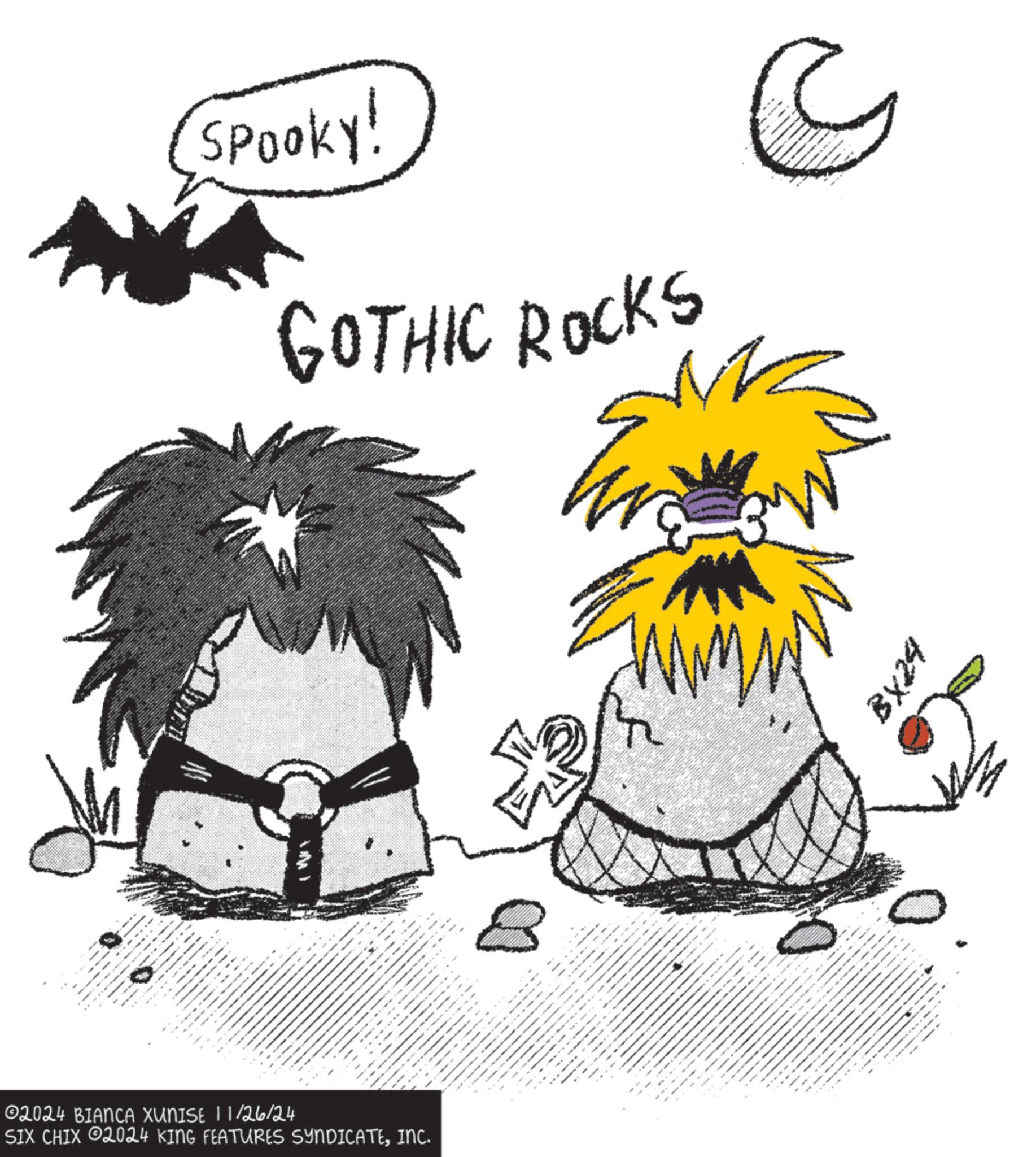 Graphics OCR: ** www = 02024 BIANCA XUNISE SIX 11/26/24 CHIX 02024 KING FEATURES SYNDICATEInc. SPOOKY! GOTHIC ROCKS C _ www **** ex - BX24 ** www = 02024 BIANCA XUNISE SIX 11/26/24 CHIX 02024 KING FEATURES SYNDICATEInc. SPOOKY ! GOTHIC ROCKS C _ www **** ex - BX24