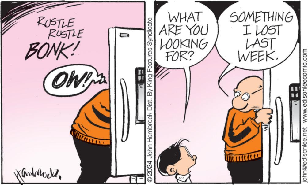 Parallel OCR: Hanbroch RUSTLE RUSTLE BONK! OW! WHAT ARE YOU LOOKING FOR? SOMETHING I LOST LAST WEEK. 0 ©2024 John Hambrock Dist. By King Features Syndicate 112 john@edisonlee.net www.edisonleecomic.com Hanbroch RUSTLE RUSTLE BONK ! OW ! WHAT ARE YOU LOOKING FOR ? SOMETHING I LOST LAST WEEK . 0 © 2024 John Hambrock Dist . By King Features Syndicate 112 john@edisonlee.net www.edisonleecomic.com