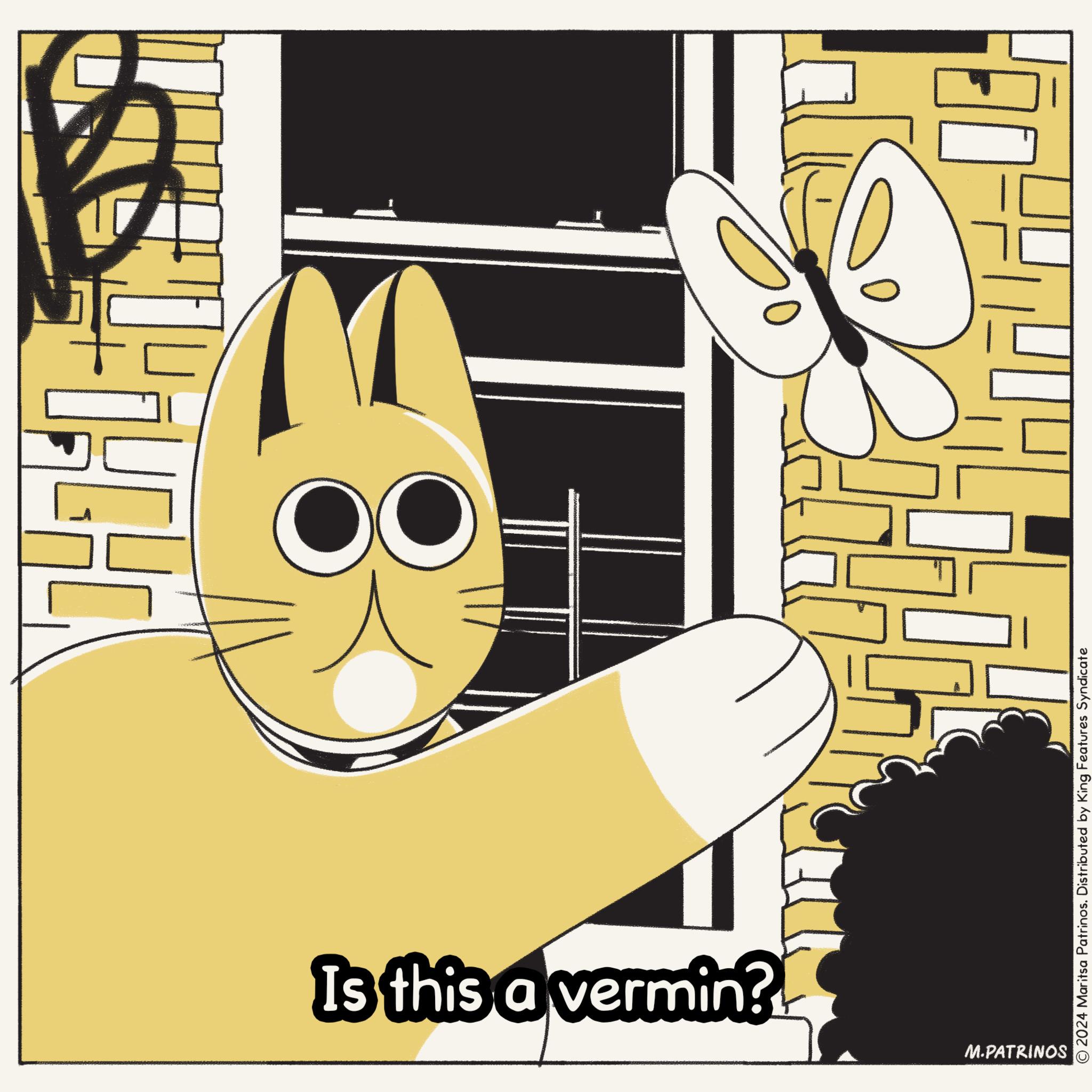Fictional character OCR: Is this a vermin? M.PATRINOS © 2024 Maritsa Patrinos. Distributed by King Features Syndicate Is this a vermin ? M.PATRINOS © 2024 Maritsa Patrinos . Distributed by King Features Syndicate