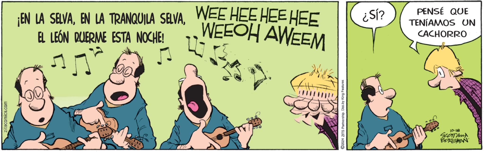 Drawing OCR: zitscomics.com ¡EN LA SELVAWEE HEE HEE HEE EL LEÓN QUERME ESTA NOCHE! WEEOH AWEEM 2024 ZITS Partnership. Dist. by King Features ¿SÍ? PENSÉ QUE TENÍAMOS UN CACHORRO 10-18 SCOTTand BORGMAN zitscomics.com ¡ EN LA SELVAEN LA TRANQUILA SELVAWEE HEE HEE HEE EL LEÓN QUERME ESTA NOCHE ! WEEOH AWEEM 2024 ZITS Partnership . Dist . by King Features ¿ SÍ ? PENSÉ QUE TENÍAMOS UN CACHORRO 10-18 SCOTTand BORGMAN