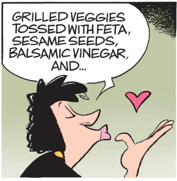 Drawing OCR: GRILLED VEGGIES TOSSED WITH FETAAND... GRILLED VEGGIES TOSSED WITH FETASESAME SEEDSBALSAMIC VINEGARAND ...