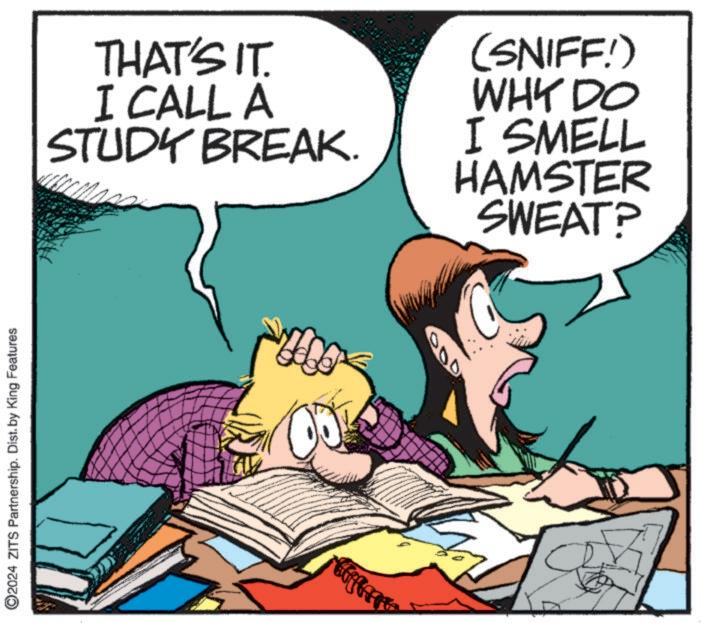 Font OCR: ©2024 ZITS Partnership. Dist. by King Features THAT'S IT. I CALL A STUDY BREAK. (SNIFF!) WHY DO I SMELL HAMSTER SWEAT? 000 © 2024 ZITS Partnership . Dist . by King Features THAT'S IT . I CALL A STUDY BREAK . ( SNIFF ! ) WHY DO I SMELL HAMSTER SWEAT ? 000