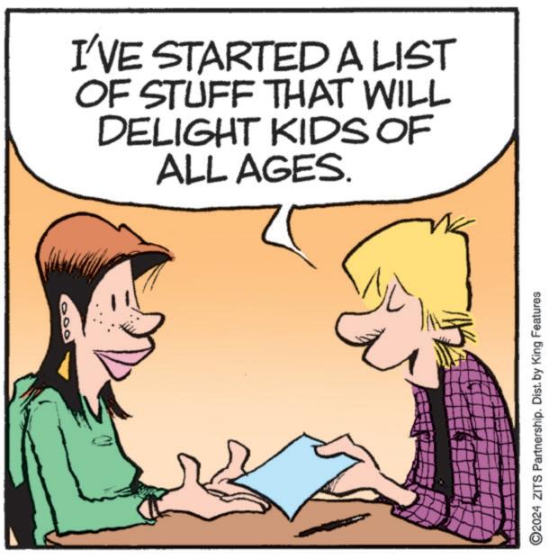Happy OCR: I'VE STARTED A LIST OF STUFF THAT WILL DELIGHT KIDS OF ALL AGES. 2024 ZITS Partnership. Dist. by King Features I'VE STARTED A LIST OF STUFF THAT WILL DELIGHT KIDS OF ALL AGES . 2024 ZITS Partnership . Dist . by King Features