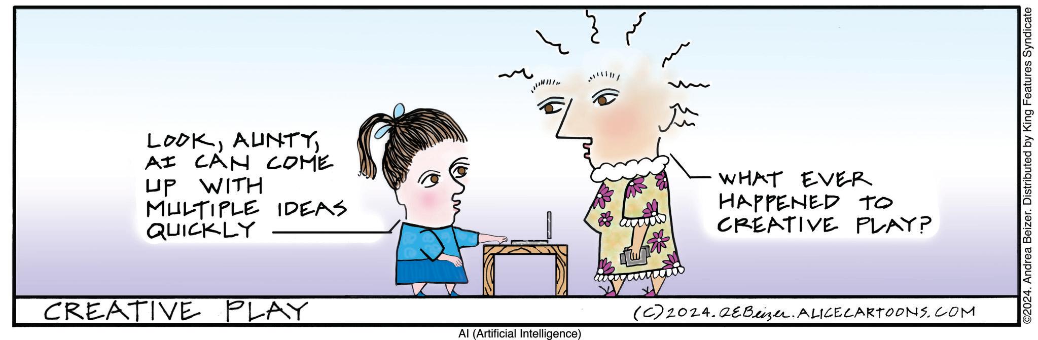 Line OCR: LOOKAI CAN COME UP WITH MULTIPLE IDEAS QUICKLY CREATIVE PLAY WHAT EVER HAPPENED TO CREATIVE PLAY? (C) 2024.2?Beizer. ALICECARTOONS.COM Al (Artificial Intelligence) ©2024. Andrea Beizer. Distributed by King Features Syndicate LOOKAI CAN COME UP WITH MULTIPLE IDEAS QUICKLY CREATIVE PLAY WHAT EVER HAPPENED TO CREATIVE PLAY ? ( C ) 2024.2?Beizer . ALICECARTOONS.COM Al ( Artificial Intelligence ) © 2024 . Andrea Beizer . Distributed by King Features Syndicate