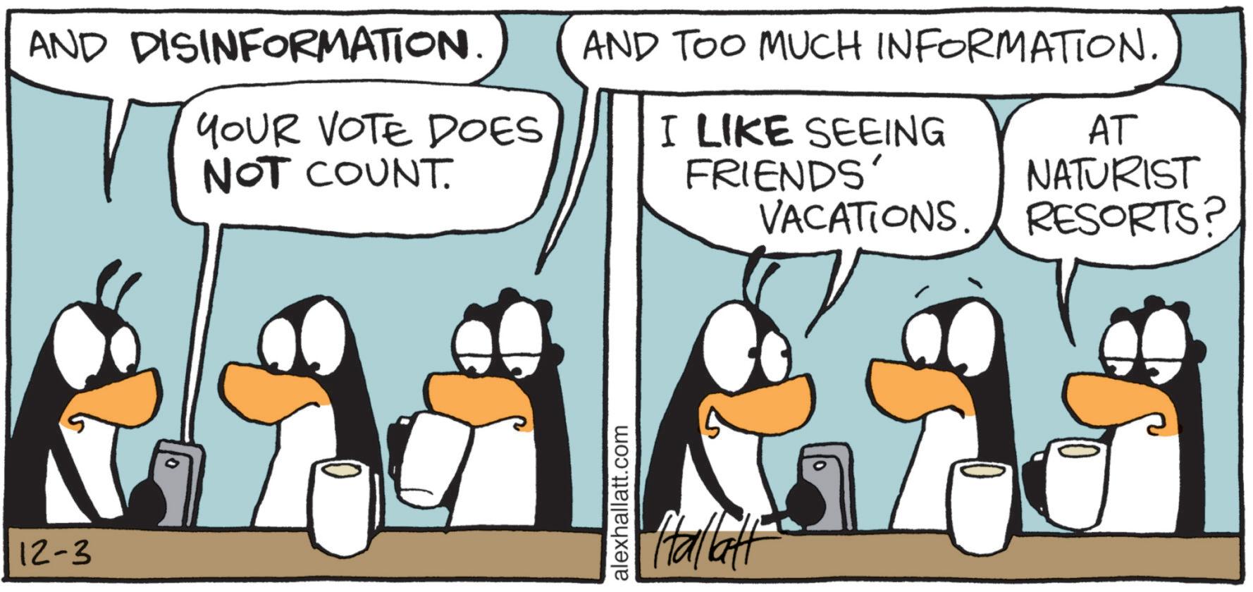 Illustration OCR: 12-3 AND DISINFORMATION. YOUR VOTE DOES NOT COUNT. AND TOO MUCH INFORMATION. I LIKE SEEING FRIENDS' VACATIONS. AT NATURIST RESORTS? alexhallatt.com "Hallatt 12-3 AND DISINFORMATION . YOUR VOTE DOES NOT COUNT . AND TOO MUCH INFORMATION . I LIKE SEEING FRIENDS ' VACATIONS . AT NATURIST RESORTS ? alexhallatt.com " Hallatt