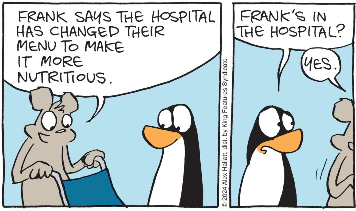 Bird OCR: FRANK SAYS THE HOSPITAL HAS CHANGED THEIR MENU TO MAKE IT MORE NUTRITIOUS. FRANK'S IN THE HOSPITAL? YES ?????? © 2024 Alex Hallattdist. by King Features Syndicate FRANK SAYS THE HOSPITAL HAS CHANGED THEIR MENU TO MAKE IT MORE NUTRITIOUS . FRANK'S IN THE HOSPITAL ? YES ?????? © 2024 Alex Hallattdist . by King Features Syndicate