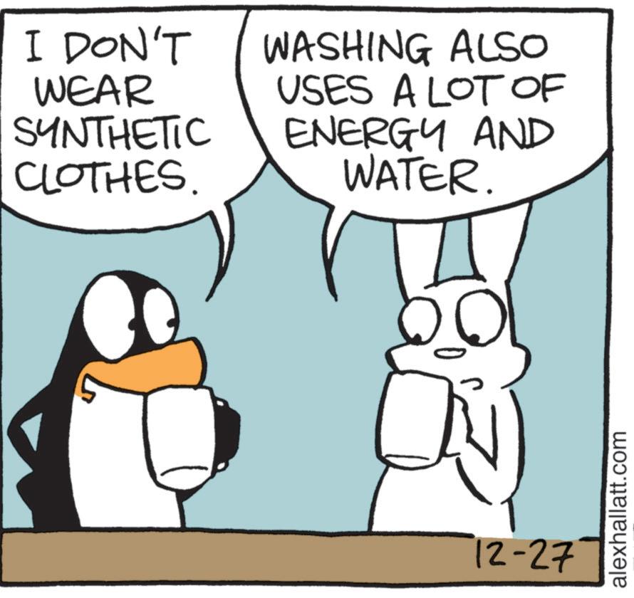 Line art OCR: I DON'T WEAR SYNTHETIC CLOTHES. WASHING ALSO USES A LOT OF ENERGY AND WATER. 12-27 alexhallatt.com I DON'T WEAR SYNTHETIC CLOTHES . WASHING ALSO USES A LOT OF ENERGY AND WATER . 12-27 alexhallatt.com