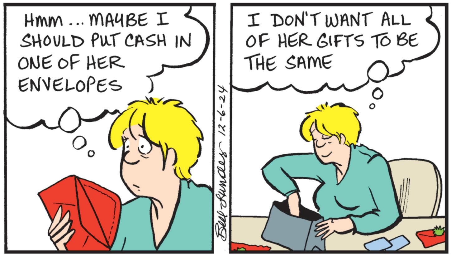 Organism OCR: HMM... MAYBE I SHOULD PUT CASH IN ONE OF HER ENVELOPES % Bell-Lundes 12-6-24 I DON'T WANT ALL OF HER GIFTS TO BE THE SAME HMM ... MAYBE I SHOULD PUT CASH IN ONE OF HER ENVELOPES % Bell - Lundes 12-6-24 I DON'T WANT ALL OF HER GIFTS TO BE THE SAME