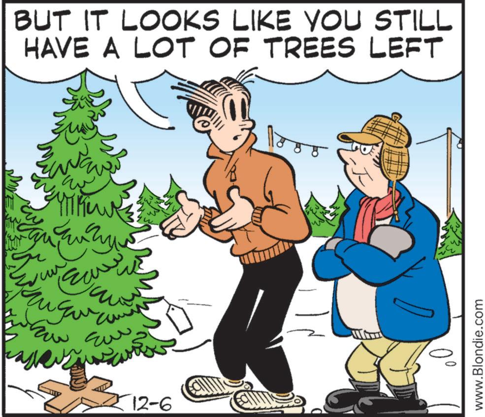 Christmas ornament OCR: BUT IT LOOKS LIKE YOU STILL HAVE A LOT OF TREES LEFT www ?? ?? 12-6 www.Blondie.com BUT IT LOOKS LIKE YOU STILL HAVE A LOT OF TREES LEFT www ?? ?? 12-6 www.Blondie.com