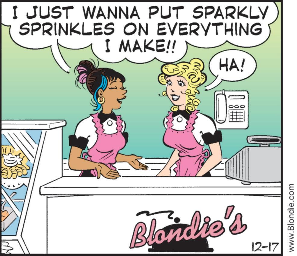 Animated cartoon OCR: I JUST WANNA PUT SPARKLY SPRINKLES ON EVERYTHING I MAKE!! HA! Blondie's 12-17 www.Blondie.com I JUST WANNA PUT SPARKLY SPRINKLES ON EVERYTHING I MAKE !! HA ! Blondie's 12-17 www.Blondie.com