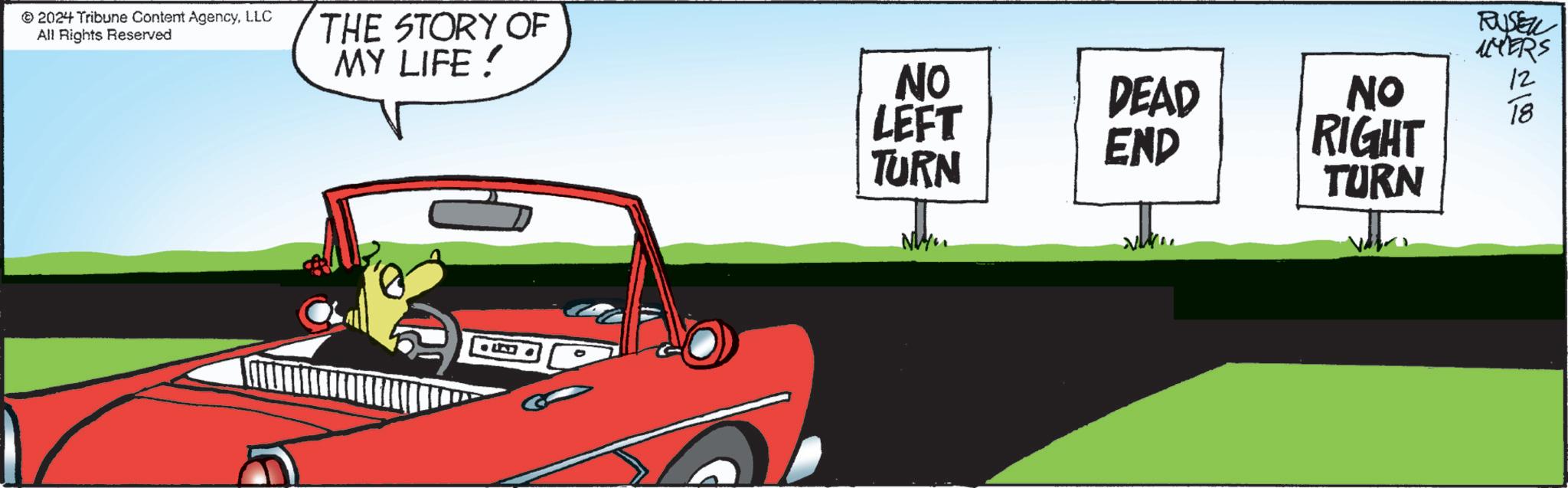 Photo caption OCR: 2024 Tribune Content AgencyLLC All Rights Reserved THE STORY OF RUSEL IMERS MY LIFE! NO DEAD NO LEFT 2100 END RIGHT TURN TURN 2024 Tribune Content AgencyLLC All Rights Reserved THE STORY OF RUSEL IMERS MY LIFE ! NO DEAD NO LEFT 2100 END RIGHT TURN TURN