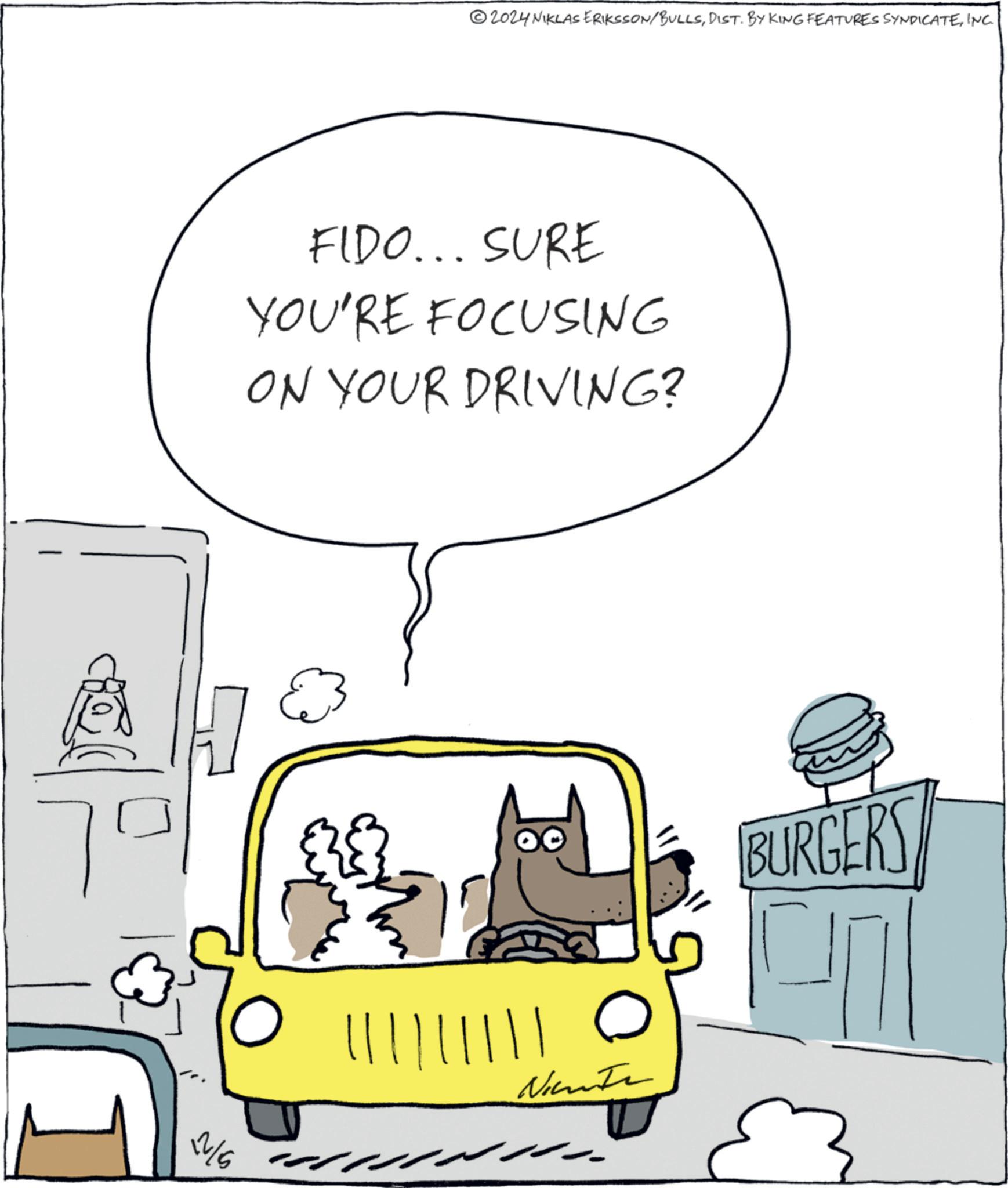 Vehicle OCR: 2024 NIKLAS ERIKSSON/BULLSINC. FIDO... SURE YOU'RE FOCUSING ON YOUR DRIVING? N/S BURGERS 2024 NIKLAS ERIKSSON / BULLSDIST . BY KING FEATURES SYNDICATEINC . FIDO ... SURE YOU'RE FOCUSING ON YOUR DRIVING ? N / S BURGERS