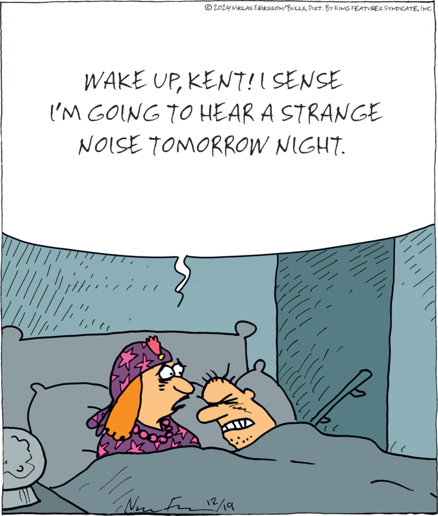 Design OCR: 2024 NIKLAS ERIKSSON/BULLSINC. WAKE UPKENT! I SENSE I'M GOING TO HEAR A STRANGE NOISE TOMORROW NIGHT. New For 12/19 2024 NIKLAS ERIKSSON / BULLSDIST . BY KING FEATURES SYNDICATEINC . WAKE UPKENT ! I SENSE I'M GOING TO HEAR A STRANGE NOISE TOMORROW NIGHT . New For 12/19