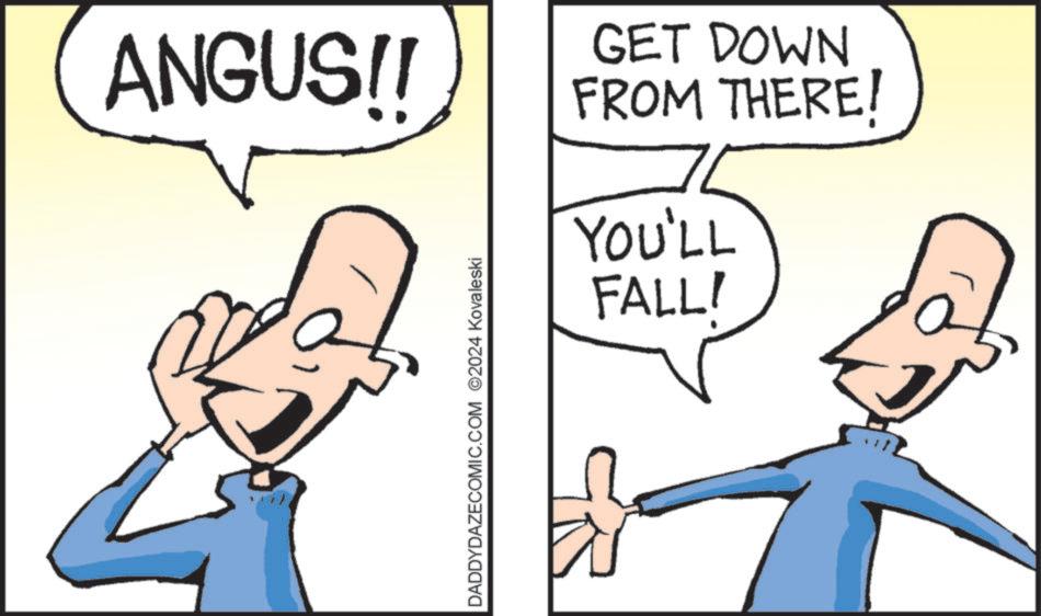 Graphics OCR: ANGUS!! DADDYDAZECOMIC.COM ©2024 Kovaleski GET DOWN FROM THERE! YOU'LL FALL! ANGUS !! DADDYDAZECOMIC.COM © 2024 Kovaleski GET DOWN FROM THERE ! YOU'LL FALL !