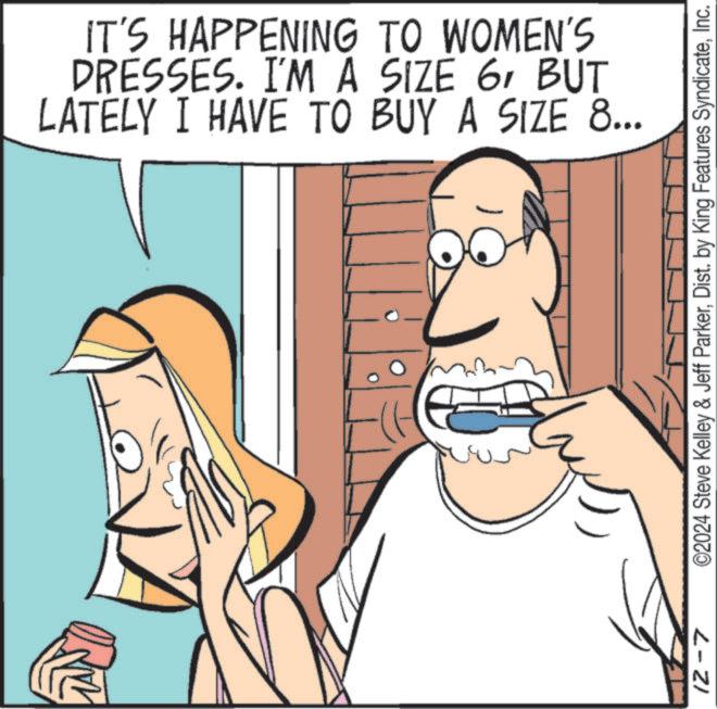 Rectangle OCR: IT'S HAPPENING TO WOMEN'S DRESSES. I'M A SIZE 6BUT LATELY I HAVE TO BUY A SIZE 8... 12-7 ©2024 Steve Kelley & Jeff ParkerInc. IT'S HAPPENING TO WOMEN'S DRESSES . I'M A SIZE 6BUT LATELY I HAVE TO BUY A SIZE 8 ... 12-7 © 2024 Steve Kelley & Jeff ParkerDist . by King Features Syndicate