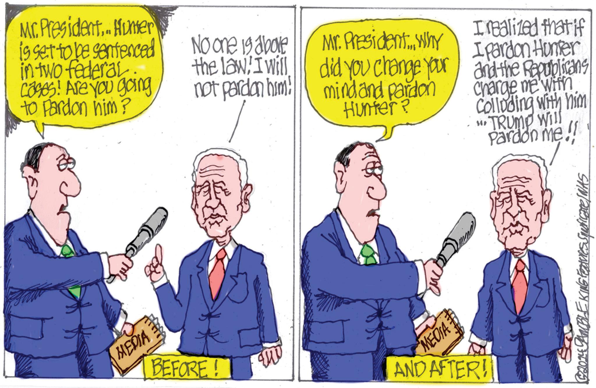 Tie OCR: Mr. President.. Homer is set to be sentenced in two federal cases! Are you going to Pardon him? MEDIA BEFORE! Mr. President.. Why No one 19 above the lawI will not pardon him! did you change your mind and pardon Hunter? I realized that if I pardon Hunter and the Republicans charge me with Colloding with him TRUMP Will Pardon me!! MEDIA AND AFTER! © 2014 GAMBLE KING Features Square WAS Mr. President.. Homer is set to be sentenced in two federal cases ! Are you going to Pardon him ? MEDIA BEFORE ! Mr. President .. Why No one 19 above the lawI will not pardon him ! did you change your mind and pardon Hunter ? I realized that if I pardon Hunter and the Republicans charge me with Colloding with him TRUMP Will Pardon me !! MEDIA AND AFTER ! © 2014 GAMBLE KING Features Square WAS