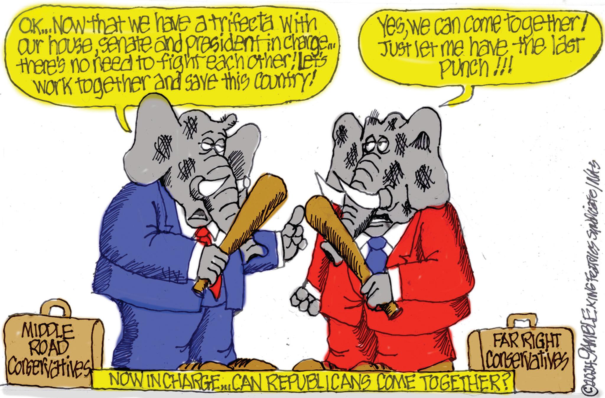 Graphics OCR: OK... Now that we have a trifecta with Our housesenate and president in charge there's no need to fight each other/lets Work together and save this country! Yeswe can come together? Just let me have the last Punch!!! ? MIDDLE ROAD Conservatives # NOW IN CHARGE CAN REPUBLICANS COME TOGETHER? © 2024 JAMBLEKING FESTries Syndicate / NAS FAR RIGHT Conservatives OK ... Now that we have a trifecta with Our housesenate and president in charge there's no need to fight each other / lets Work together and save this country ! Yeswe can come together ? Just let me have the last Punch !!! ? MIDDLE ROAD Conservatives # NOW IN CHARGE CAN REPUBLICANS COME TOGETHER ? © 2024 JAMBLEKING FESTries Syndicate / NAS FAR RIGHT Conservatives