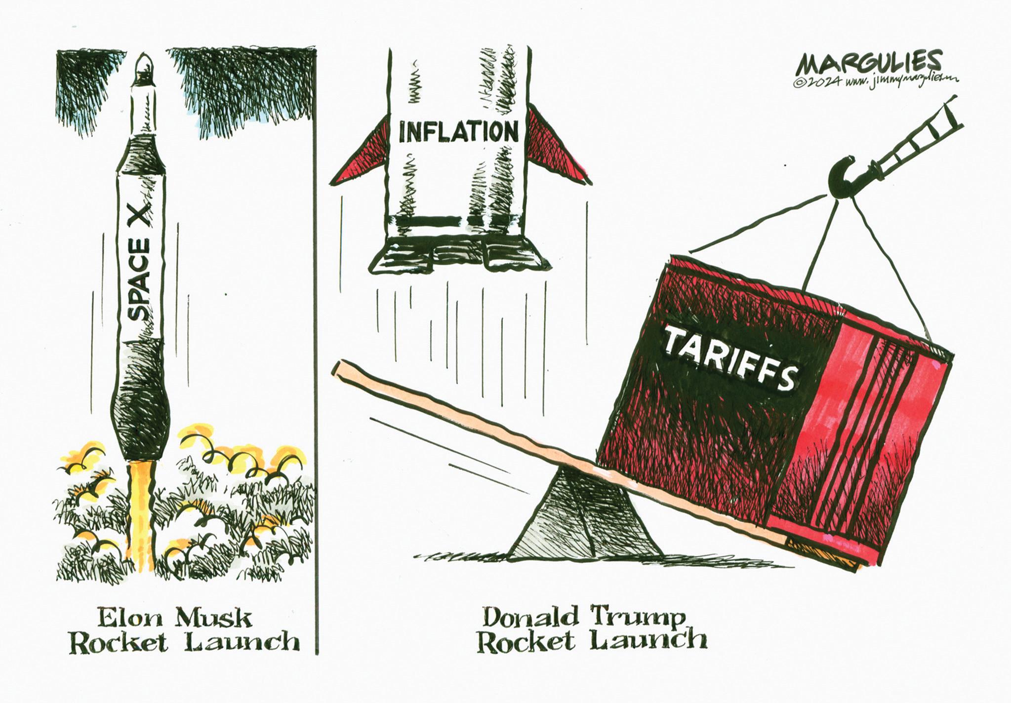 Graphics OCR: SPACE X ??????? INFLATION wwwww www Elon Musk Rocket Launch MARGULIES ©2024 www.jimmymazliesm TARIFFS Donald Trump Rocket Launch SPACE X ??????? INFLATION wwwww www Elon Musk Rocket Launch MARGULIES © 2024 www.jimmymazliesm TARIFFS Donald Trump Rocket Launch