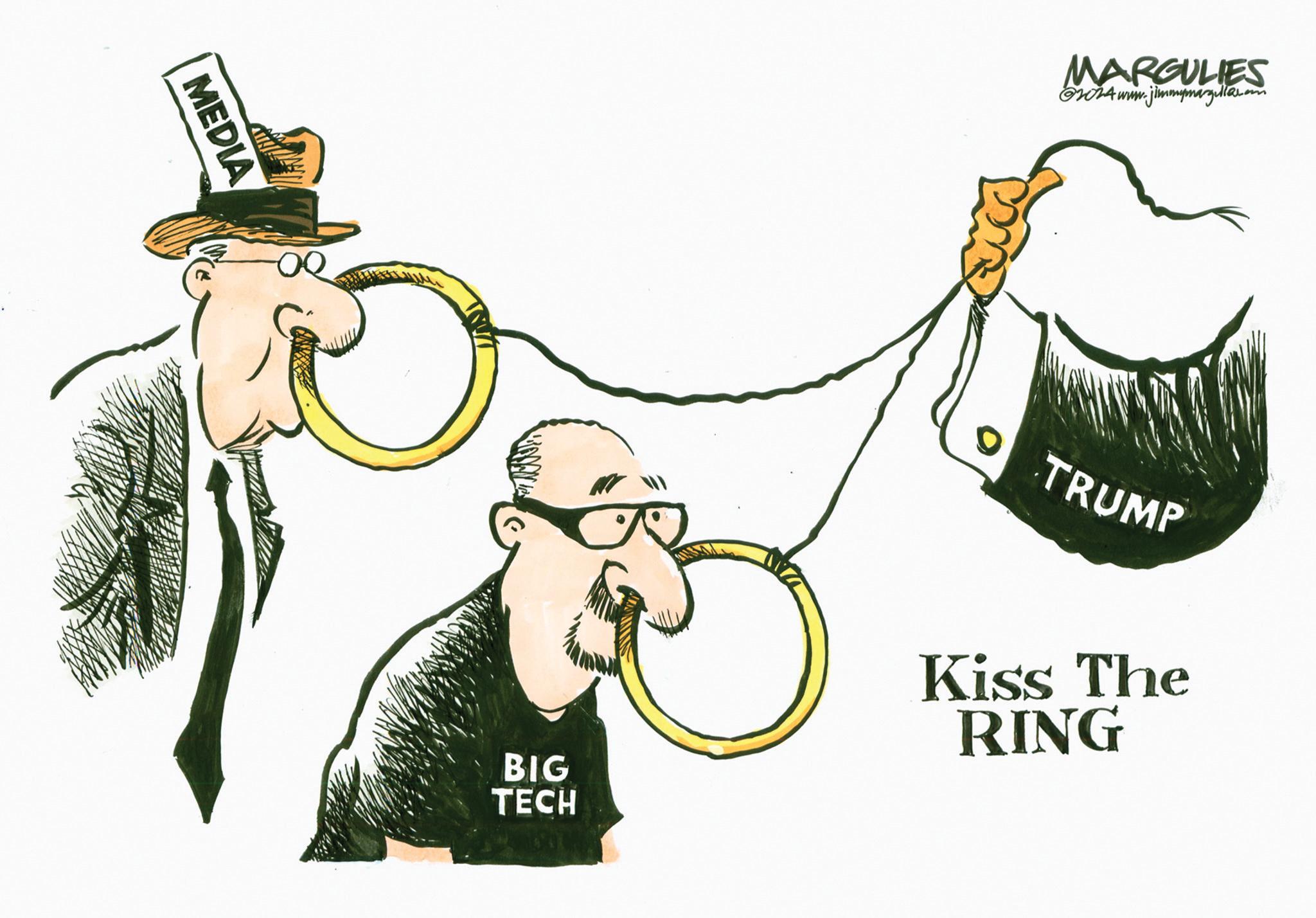 Graphic design OCR: MEDIA MARGULIES r.jimmymargill@r.co @2024www.j BIG TECH 9 TRUMP Kiss The RING MEDIA MARGULIES r.jimmymargill@r.co @ 2024www.j BIG TECH 9 TRUMP Kiss The RING