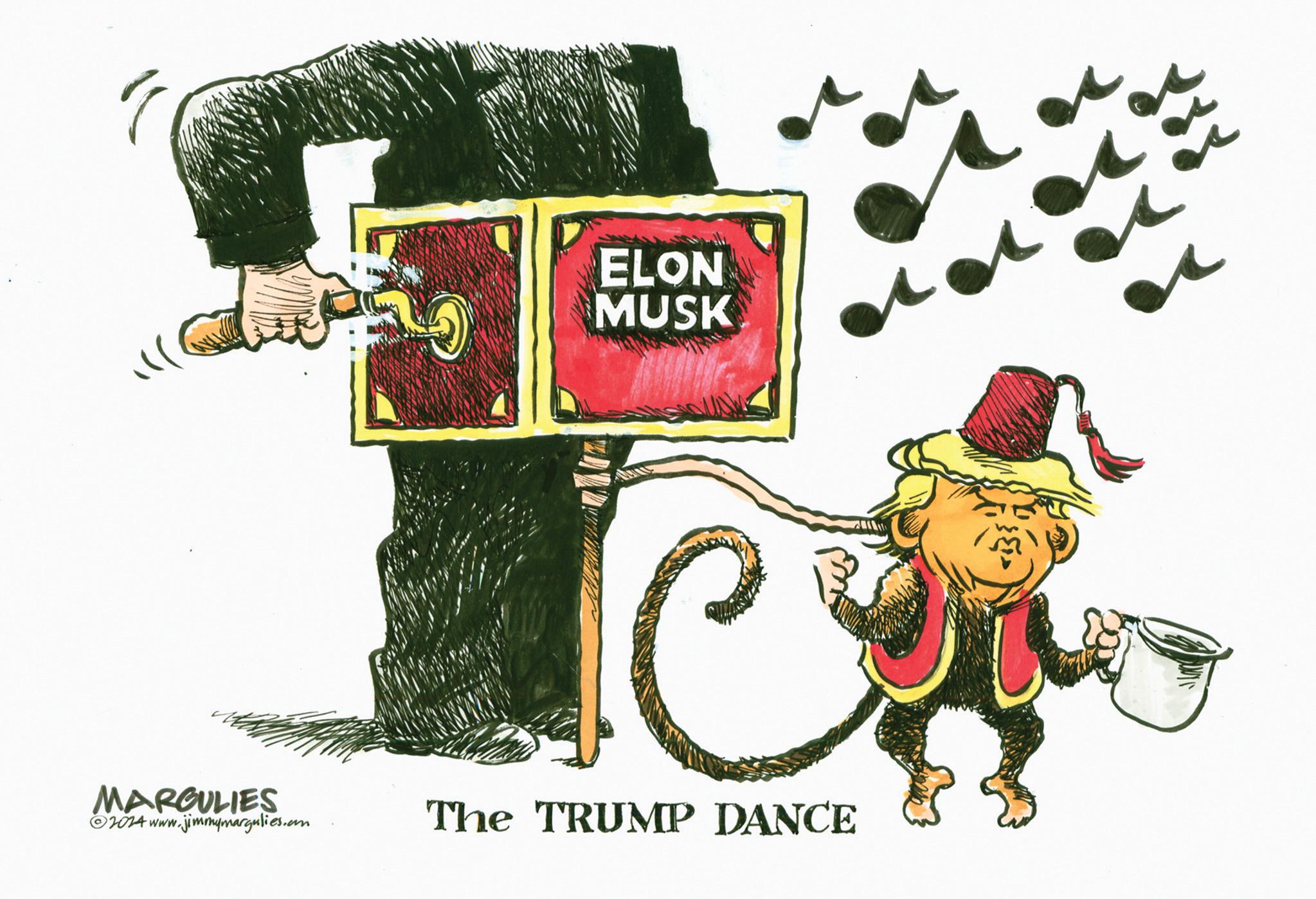 Animated cartoon OCR: ELON MUSK MARGULIES w.jimmymargulies.com 2014 www. The TRUMP DANCE ELON MUSK MARGULIES w.jimmymargulies.com 2014 www . The TRUMP DANCE