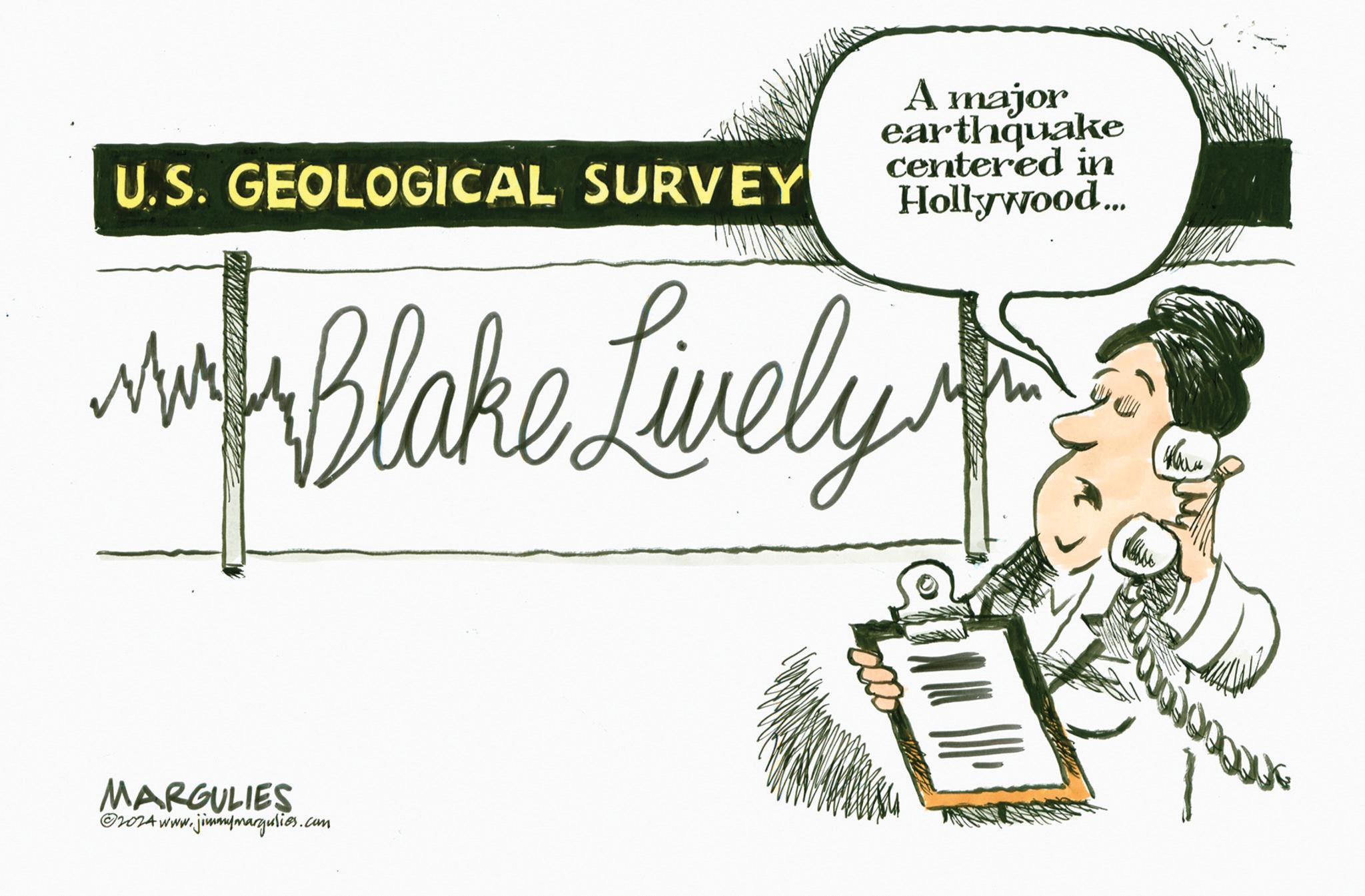 Photo caption OCR: U.S. GEOLOGICAL SURVEY ??? A major earthquake centered in Hollywood... Blake Lively MARGULIES ©2024 www.jimmymargulies.com U.S. GEOLOGICAL SURVEY ??? A major earthquake centered in Hollywood ... Blake Lively MARGULIES © 2024 www.jimmymargulies.com