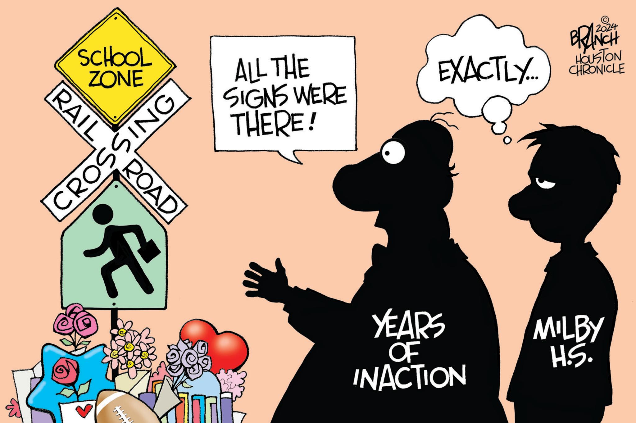 Animation OCR: SCHOOL ZONE RAIL CROSSING ROAD ALL THE SIGNS WERE THERE! EXACTLY.... BRANCH HOUSTON CHRONICLE f YEARS OF MILBY HS. INACTION SCHOOL ZONE RAIL CROSSING ROAD ALL THE SIGNS WERE THERE ! EXACTLY .... BRANCH HOUSTON CHRONICLE f YEARS OF MILBY HS . INACTION