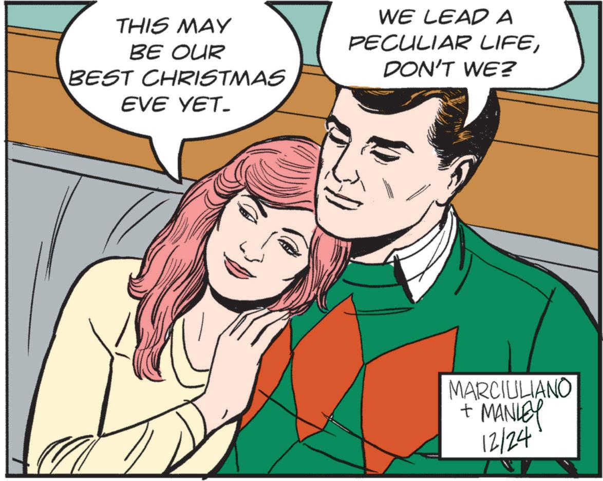 Pleased OCR: THIS MAY BE OUR BEST CHRISTMAS EVE YET. WE LEAD A PECULIAR LIFEDON'T WE? MARCIULIANO + MANLEY t 12/24 THIS MAY BE OUR BEST CHRISTMAS EVE YET . WE LEAD A PECULIAR LIFEDON'T WE ? MARCIULIANO + MANLEY t 12/24