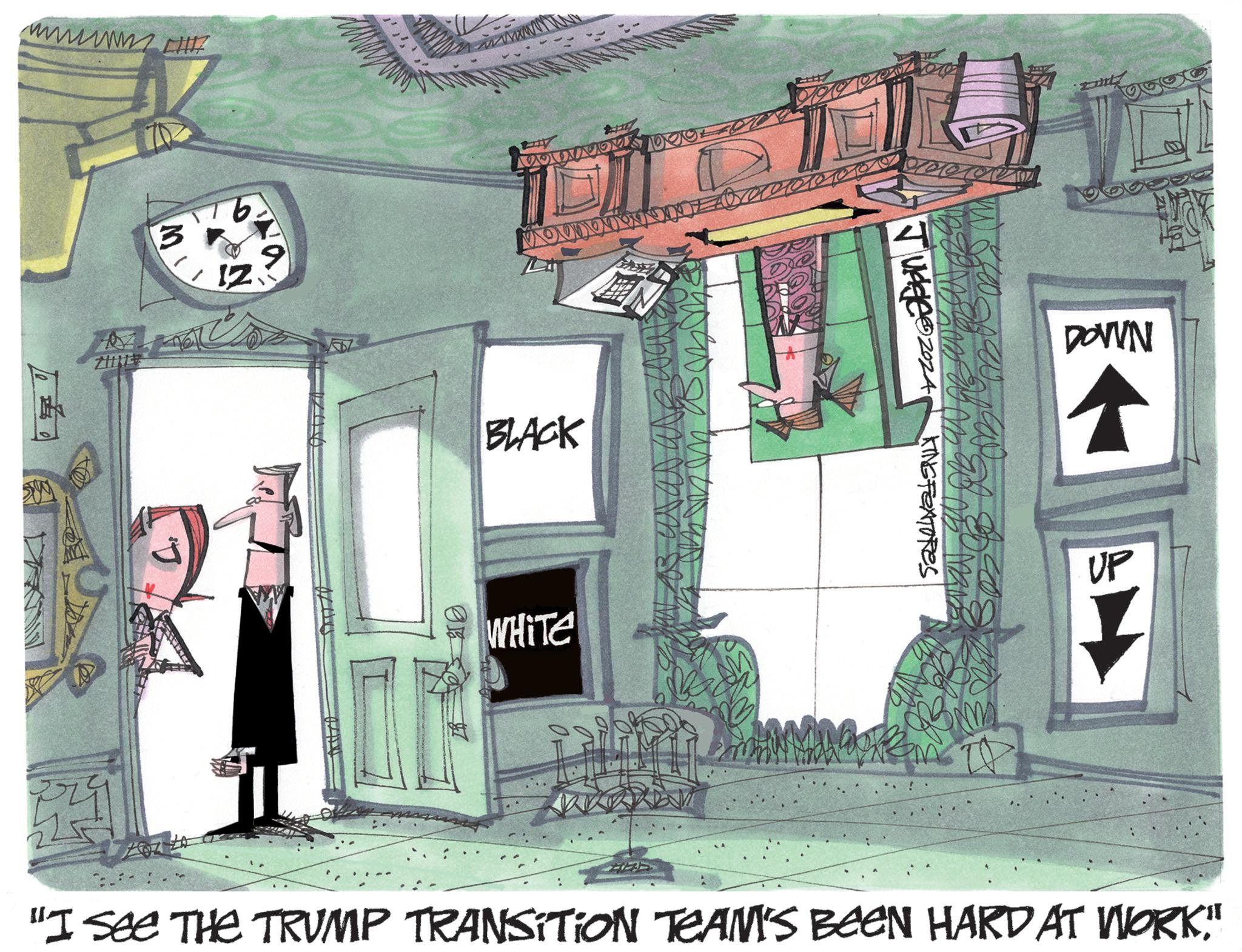 Fiction OCR: wwwwwww [H M! 12 J BLACK WHITE OF Judge 2024 KING FEATURES Www h DOWN ? UP "I see THE TRUMP TRANSITION TEAM'S BEEN HARD AT WORK" wwwwwww [ H M ! 12 J BLACK WHITE OF Judge 2024 KING FEATURES Www h DOWN ? UP " I see THE TRUMP TRANSITION TEAM'S BEEN HARD AT WORK "