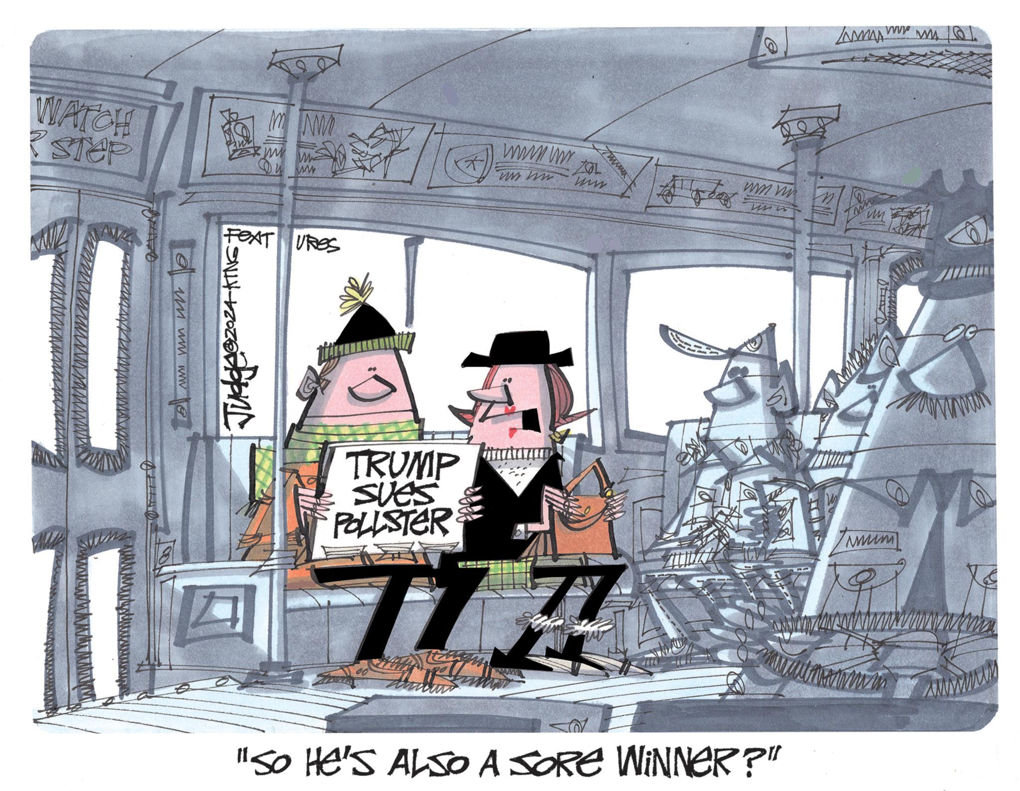 Illustration OCR: WATCH ? STOP A www. ZOL www. wwwwww ? wwwwwwG FEATURES SNLY- Judgaszoz TRUMP SUES POLLSTER "SO HE'S ALSO A SORE WINNER?" 10% WATCH ? STOP A www . ZOL www . wwwwww ? wwwwwwG FEATURES SNLY- Judgaszoz TRUMP SUES POLLSTER " SO HE'S ALSO A SORE WINNER ? " 10 %