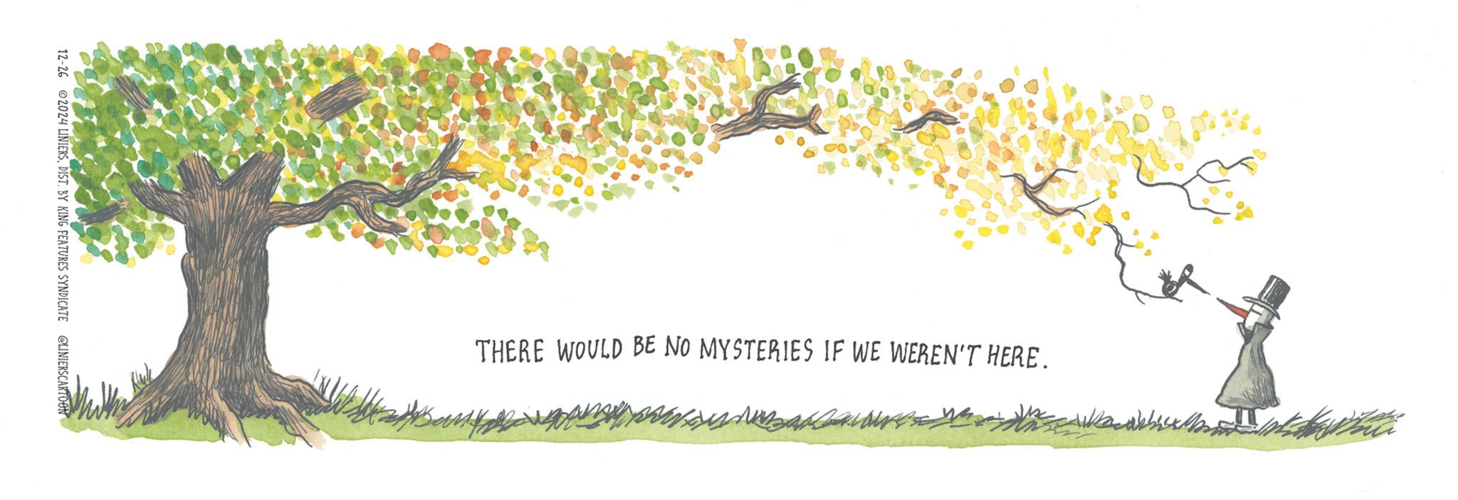 Graphic design OCR: 12-26 2024 LINIERSDIST. BY KING FEATURES SYNDICATE @LINIERS CARTOON THERE WOULD BE NO MYSTERIES IF WE WEREN'T HERE. 12-26 2024 LINIERSDIST . BY KING FEATURES SYNDICATE @LINIERS CARTOON THERE WOULD BE NO MYSTERIES IF WE WEREN'T HERE .