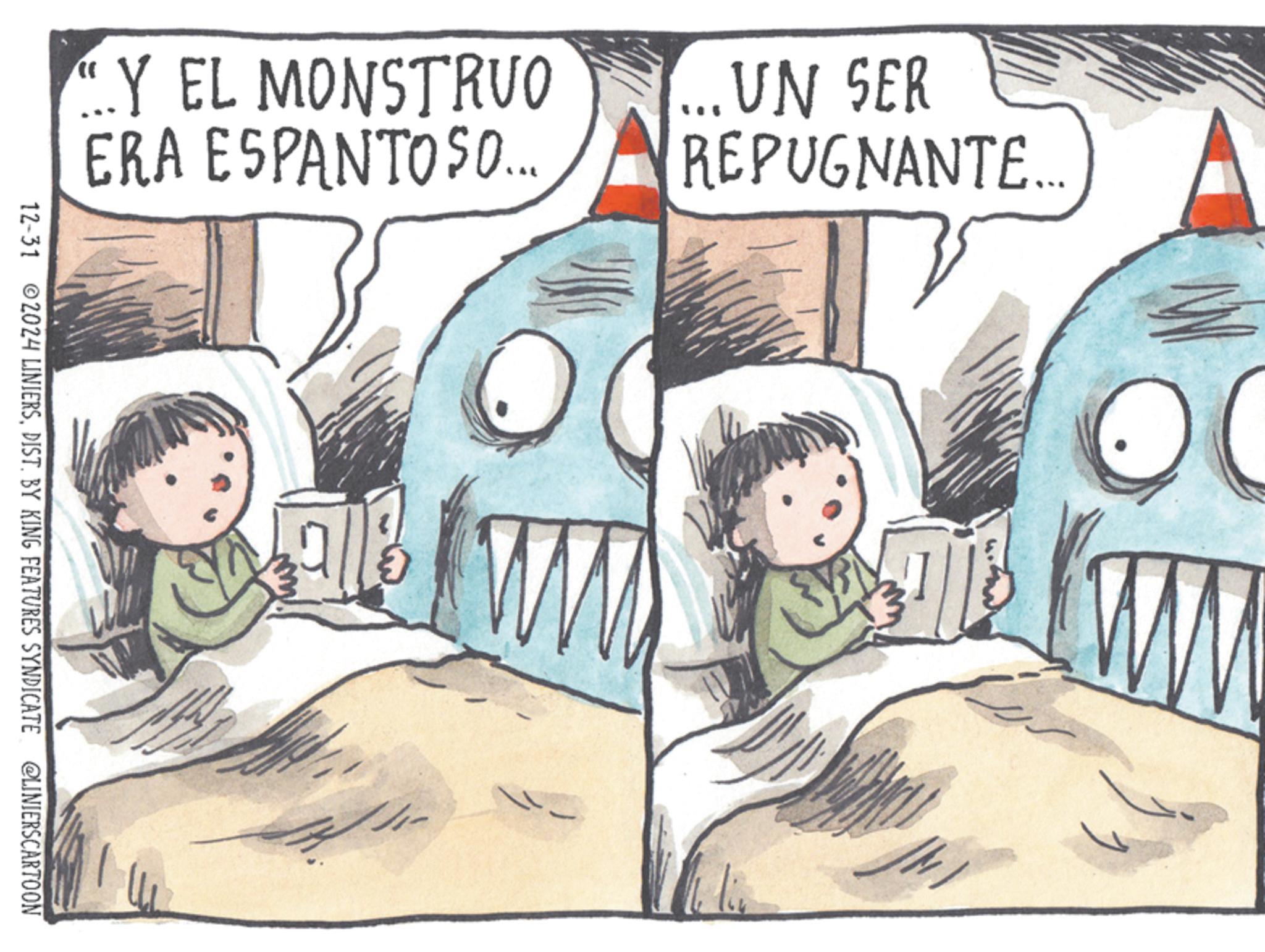 Fictional character OCR: "Y EL MONSTRUO ERA ESPANTOSO.... 12-31 2024 LINIERSDIST. BY KING FEATURES SYNDICATE @LINIERSCARTOON ... UN SER REPUGNANTE... www " Y EL MONSTRUO ERA ESPANTOSO .... 12-31 2024 LINIERSDIST . BY KING FEATURES SYNDICATE @LINIERSCARTOON ... UN SER REPUGNANTE ... www
