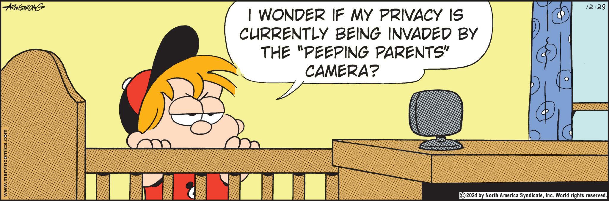 Photo caption OCR: www.marvincomics.com ARMSTRONG I WONDER IF MY PRIVACY IS CURRENTLY BEING INVADED BY THE "PEEPING PARENTS" CAMERA? 2024 by North America SyndicateInc. World rights reserved. 12-28 www.marvincomics.com ARMSTRONG I WONDER IF MY PRIVACY IS CURRENTLY BEING INVADED BY THE " PEEPING PARENTS " CAMERA ? 2024 by North America SyndicateInc. World rights reserved . 12-28
