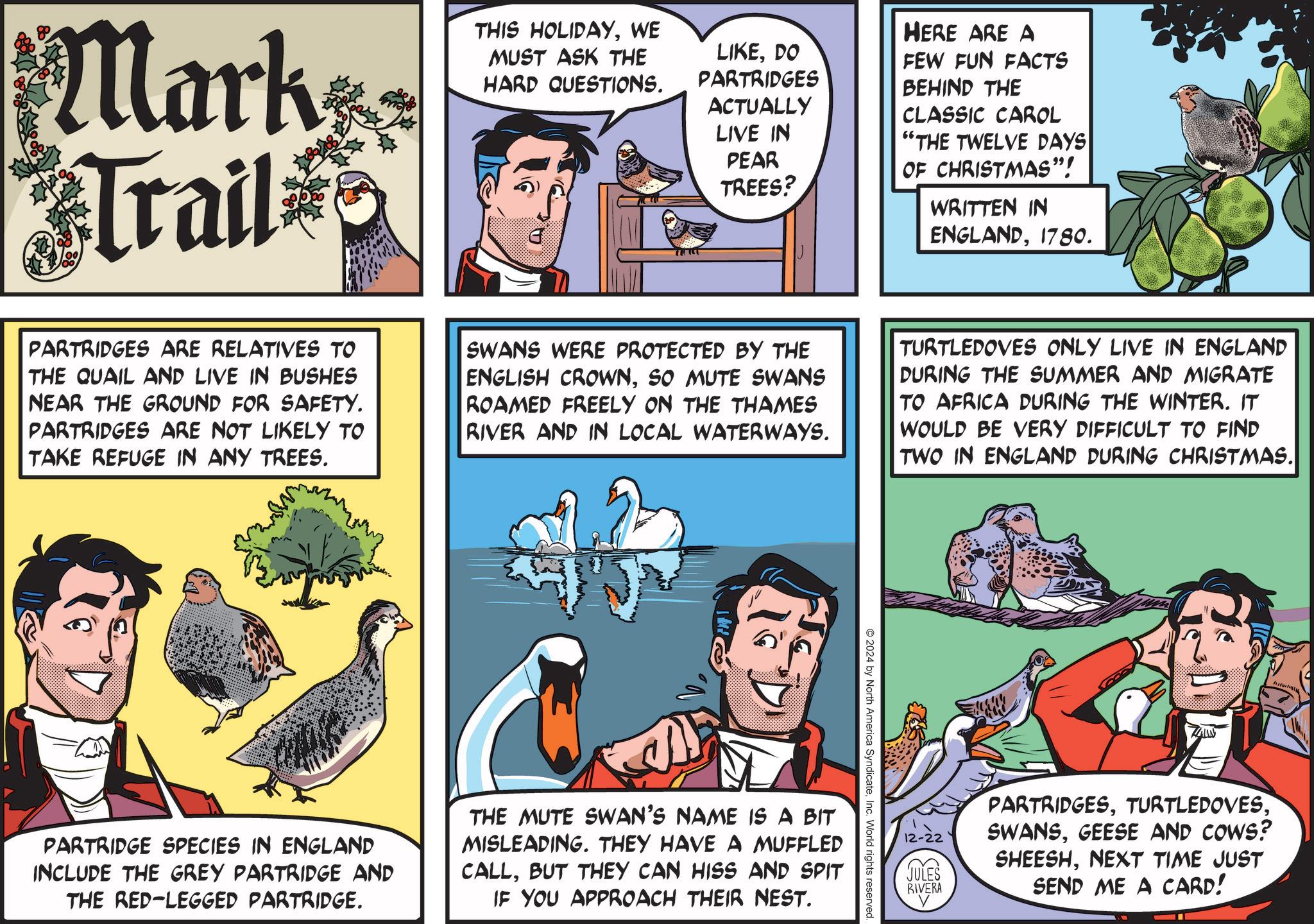 Comics OCR: Mark Trail THIS HOLIDAYWE MUST ASK THE HARD QUESTIONS. LIKEDO PARTRIDGES ACTUALLY LIVE IN PEAR TREES? HERE ARE A FEW FUN FACTS BEHIND THE CLASSIC CAROL "THE TWELVE DAYS OF CHRISTMAS"! WRITTEN IN ENGLAND1780. PARTRIDGES ARE RELATIVES TO THE QUAIL AND LIVE IN BUSHES NEAR THE GROUND FOR SAFETY. PARTRIDGES ARE NOT LIKELY TO TAKE REFUGE IN ANY TREES. SWANS WERE PROTECTED BY THE ENGLISH CROWNSO MUTE SWANS ROAMED FREELY ON THE THAMES RIVER AND IN LOCAL WATERWAYS. TURTLEDOVES ONLY LIVE IN ENGLAND DURING THE SUMMER AND MIGRATE TO AFRICA DURING THE WINTER. IT WOULD BE VERY DIFFICULT TO FIND TWO IN ENGLAND DURING CHRISTMAS. 2024 by North America SyndicateInc. World rights reserved. PARTRIDGE SPECIES IN ENGLAND INCLUDE THE GREY PARTRIDGE AND THE RED-LEGGED PARTRIDGE. THE MUTE SWAN'S NAME IS A BIT MISLEADING. THEY HAVE A MUFFLED CALLBUT THEY CAN HISS AND SPIT IF YOU APPROACH THEIR NEST. 12-22 JULES RIVERA PARTRIDGESGEESE AND COWS? SHEESHNEXT TIME JUST SEND ME A CARD! Mark Trail THIS HOLIDAYWE MUST ASK THE HARD QUESTIONS . LIKEDO PARTRIDGES ACTUALLY LIVE IN PEAR TREES ? HERE ARE A FEW FUN FACTS BEHIND THE CLASSIC CAROL " THE TWELVE DAYS OF CHRISTMAS " ! WRITTEN IN ENGLAND1780 . PARTRIDGES ARE RELATIVES TO THE QUAIL AND LIVE IN BUSHES NEAR THE GROUND FOR SAFETY . PARTRIDGES ARE NOT LIKELY TO TAKE REFUGE IN ANY TREES . SWANS WERE PROTECTED BY THE ENGLISH CROWNSO MUTE SWANS ROAMED FREELY ON THE THAMES RIVER AND IN LOCAL WATERWAYS . TURTLEDOVES ONLY LIVE IN ENGLAND DURING THE SUMMER AND MIGRATE TO AFRICA DURING THE WINTER . IT WOULD BE VERY DIFFICULT TO FIND TWO IN ENGLAND DURING CHRISTMAS . 2024 by North America SyndicateInc. World rights reserved . PARTRIDGE SPECIES IN ENGLAND INCLUDE THE GREY PARTRIDGE AND THE RED - LEGGED PARTRIDGE . THE MUTE SWAN'S NAME IS A BIT MISLEADING . THEY HAVE A MUFFLED CALLBUT THEY CAN HISS AND SPIT IF YOU APPROACH THEIR NEST . 12-22 JULES RIVERA PARTRIDGESGEESE AND COWS ? SHEESHNEXT TIME JUST SEND ME A CARD !
