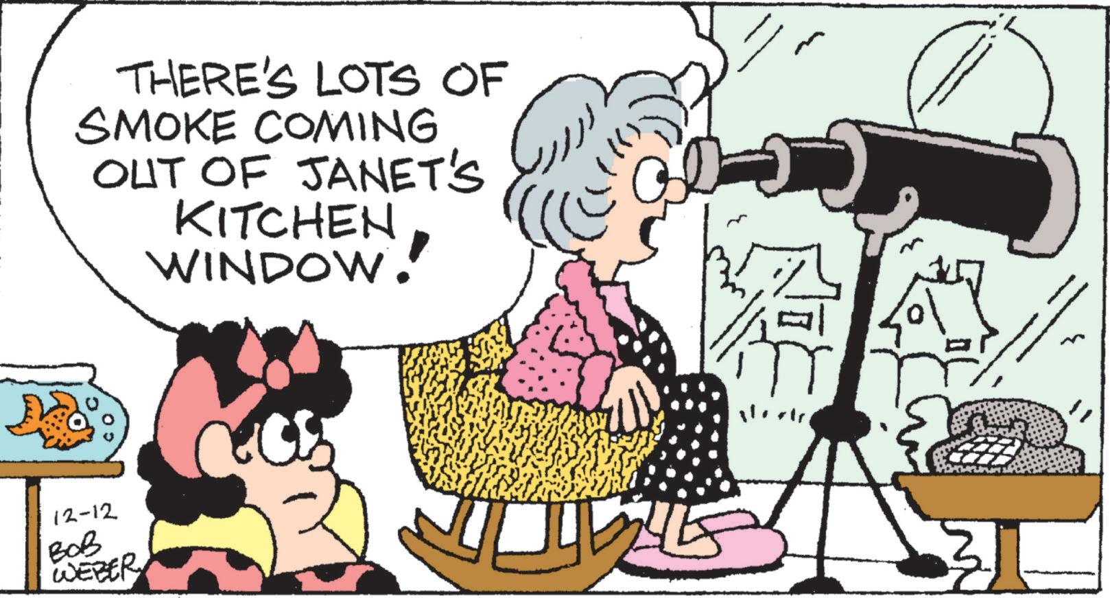 Line OCR: THERE'S LOTS OF SMOKE COMING OUT OF JANET'S KITCHEN WINDOW. 12-12 ??? WEBER } THERE'S LOTS OF SMOKE COMING OUT OF JANET'S KITCHEN WINDOW . 12-12 ??? WEBER }