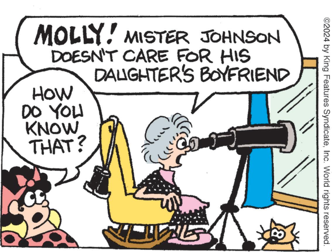 Animated cartoon OCR: ©2024 by King Features SyndicateInc. World rights reserved. MOLLY! MISTER JOHNSON DOESN'T CARE FOR HIS HOW DO YOU KNOW THAT? DAUGHTER'S BOYFRIEND ???? ??? © 2024 by King Features SyndicateInc. World rights reserved . MOLLY ! MISTER JOHNSON DOESN'T CARE FOR HIS HOW DO YOU KNOW THAT ? DAUGHTER'S BOYFRIEND ???? ???