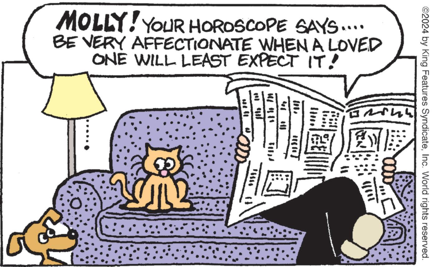 Photo caption OCR: M ©2024 by King Features SyndicateInc. World rights reserved. 41 ill MOLLY! YOUR HOROSCOPE SAYS.... BE VERY AFFECTIONATE WHEN A LOVED ONE WILL LEAST EXPECT IT! " Ifta lah 11" 0000 12 J ????? 244 ???? M © 2024 by King Features SyndicateInc. World rights reserved . 41 ill MOLLY ! YOUR HOROSCOPE SAYS .... BE VERY AFFECTIONATE WHEN A LOVED ONE WILL LEAST EXPECT IT ! " Ifta lah 11 " 0000 12 J ? ? ??? 244 ? ???