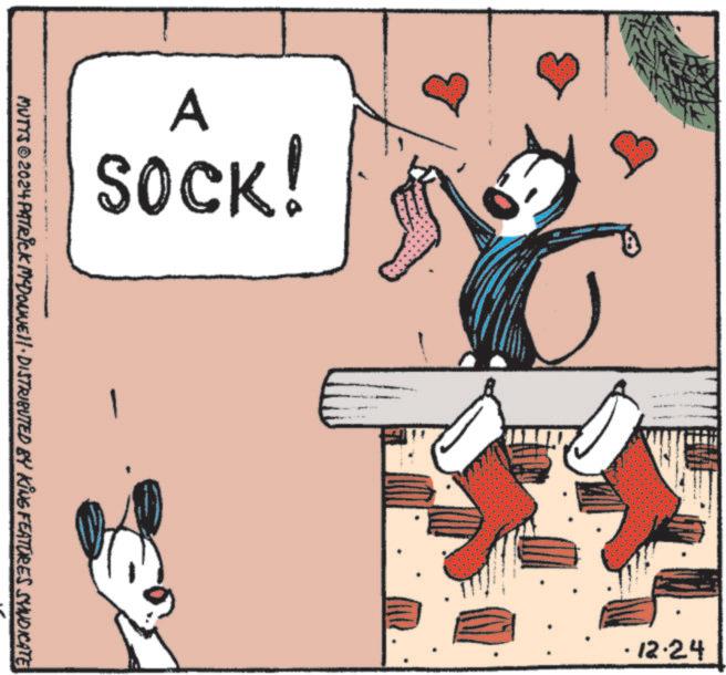 Paw OCR: A SOCK! MUTTS© 2024 PATRICK MCDONNEll · DISTRIBUTED BY KING FEATURES SYNDICATE · 12.24 A SOCK ! MUTTS © 2024 PATRICK MCDONNEll · DISTRIBUTED BY KING FEATURES SYNDICATE · 12.24