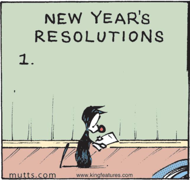 Photo caption OCR: 1. NEW YEAR'S RESOLUTIONS mutts.com www.kingfeatures.com • 1 . NEW YEAR'S RESOLUTIONS mutts.com www.kingfeatures.com •