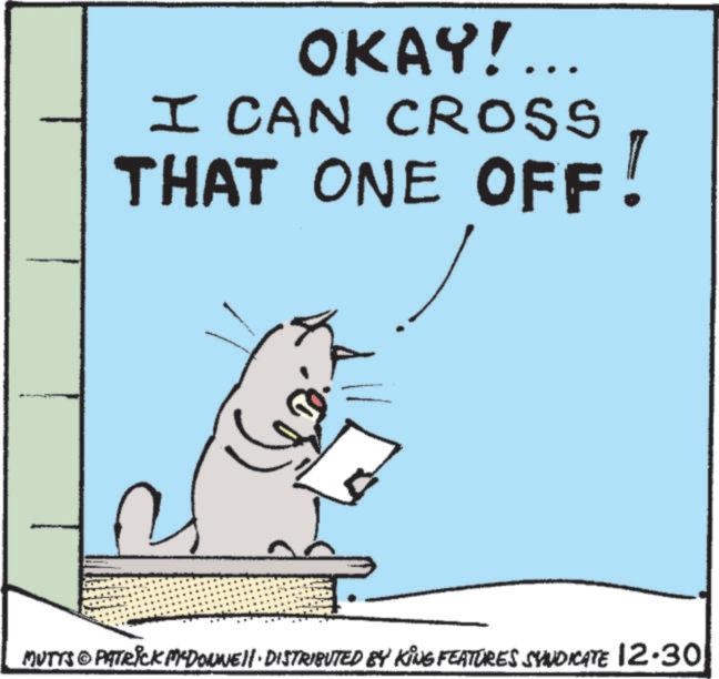 Graphics OCR: OKAY!... I CAN CROSS THAT ONE OFF! MUTTS © PATRICK MEDONNELL DISTRIBUTED BY KING FEATURES SYNDICATE 12.30 OKAY ! ... I CAN CROSS THAT ONE OFF ! MUTTS © PATRICK MEDONNELL DISTRIBUTED BY KING FEATURES SYNDICATE 12.30
